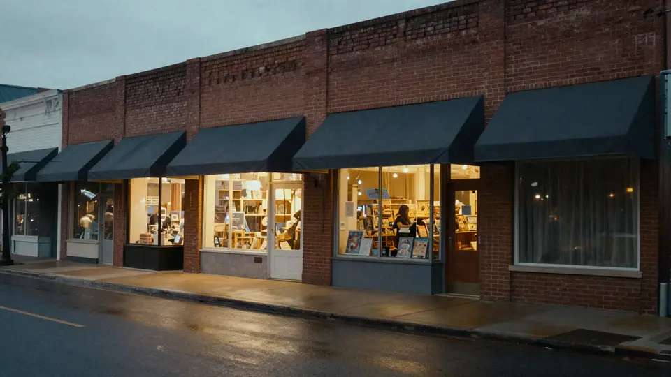 A row of small brick storefronts with lit windows on a quiet main street in the evening.