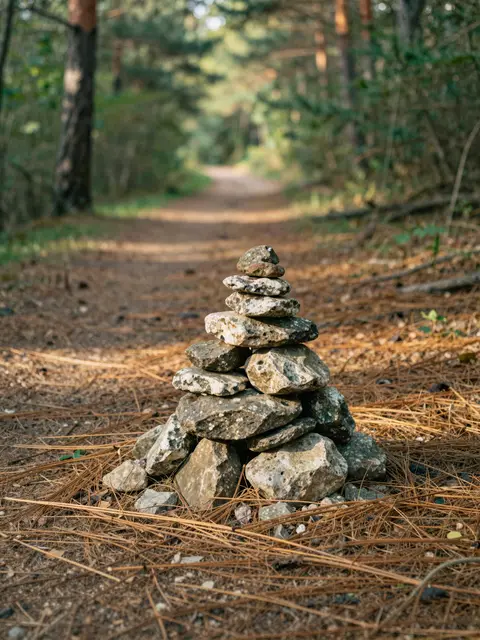 A small stack of stones marking a sunlit footpath through pines.